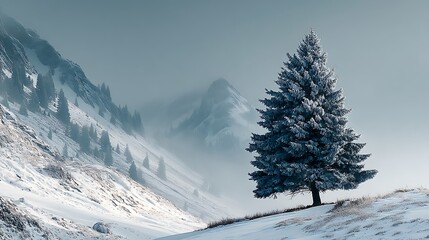 Single pine tree in minimal snowy landscape with soft fog, clean white background and upper empty space, calm winter aesthetic for presentations, marketing, and dashboards