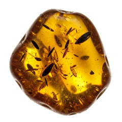 Macro of Amber Stone with Fossilized Insect Inclusion on White Background, 8k.
