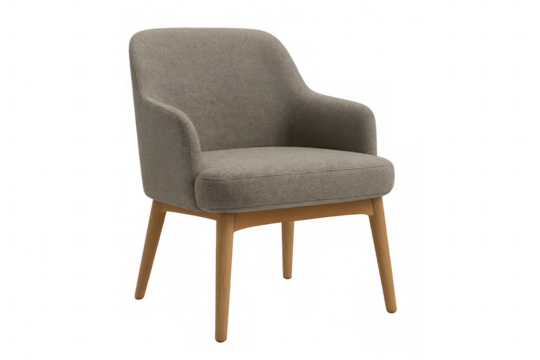 Modern fabric upholstered armchair with wooden legs, comfortable furniture for contemporary home office or living room interior design