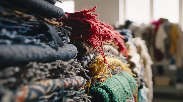 Vibrant assortment of stacked textile fabrics and yarns in manufacturing environment
