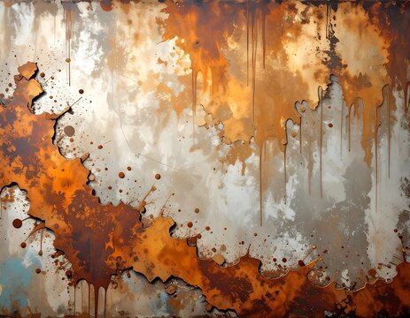 Metallic surface with abstract rust and paint splatters