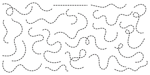Abstract wavy squiggle dashed line collection. Dotted spiral curve line. Transport dot paths lines. Thin line abstract doted swirl path. Minimal squiggle divider, loopy line vector icon isolated