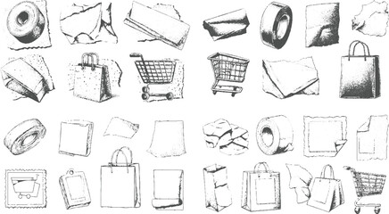 Collection of hand drawn shopping bags rolls of tape torn paper and shopping carts vector