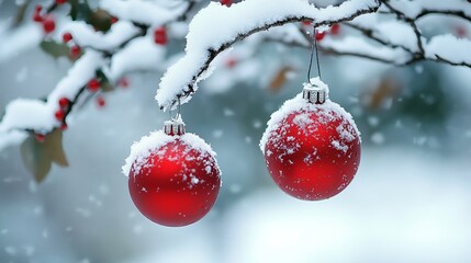 Two vibrant red Christmas ornaments dangle from a snow-covered branch, capturing the magical essence of a winter holiday celebration.