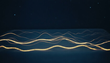 Garis cahaya emas mengalun di angkasa gelap, gelombang energi futuristik dengan rasa gerak halus nan elegan