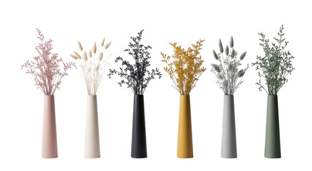 Fototapeta premium Six vases with dried flowers transparent background cutout png