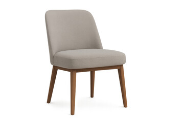Modern beige upholstered dining chair with wooden legs on transparent background for interior design projects