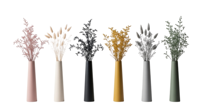 Six vases with dried flowers transparent background cutout png