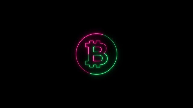 Bitcoin Symbol Neon Outline in Pink and Green on Black cryptocurrency logo