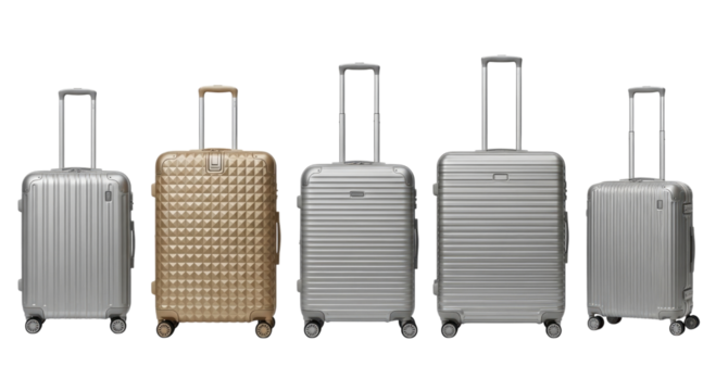 Set of five suitcases with transparent background cutout png