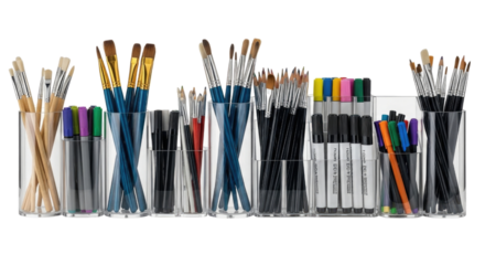 Collection of art brushes and markers in containers transparent background cutout png