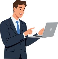 Smiling Businessman In Blue Suit Points To Laptop Screen White Background