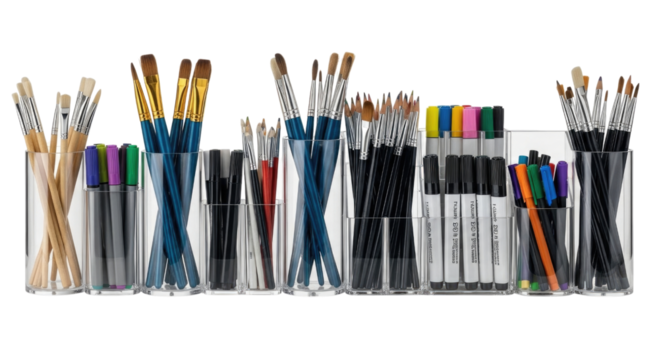 Collection of art brushes and markers in containers transparent background cutout png