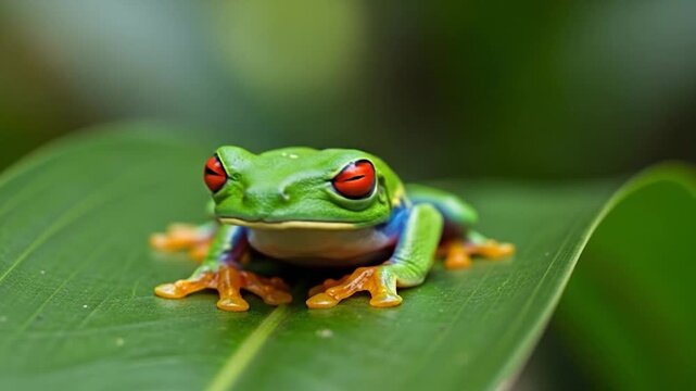 Vibrant green frog with striking red eyes sitting on a large leaf in a tropical environment