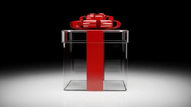 BLACK FRIDAY lettering on glowing glass gift box with red bow on black background, sale, discount events concept.