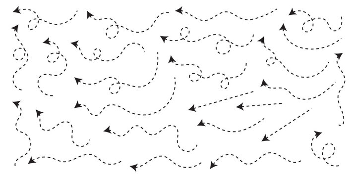 Clean dot style hand drawn doodle arrows set. Curve Dotted line arrow set. Set of dotted hand drawn doddle arrows isolated.