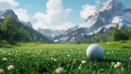 Golf Ball Resting on Green Course with Mountains in the Background
