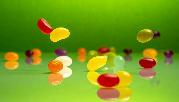 Multicolored jelly beans suspended in mid-air against a vibrant green backdrop with reflections on a glossy surface