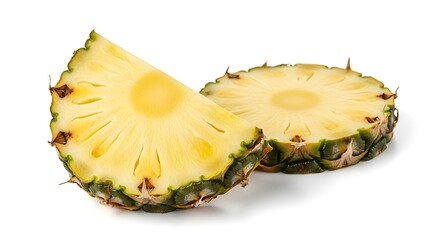 Freshly sliced pineapple rings and wedge on a white background