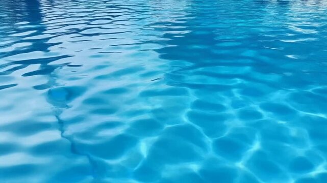 A mesmerizing close-up of crystal clear blue pool water. Slow-motion ripples and dazzling light reflections create a beautiful, tranquil summer texture.