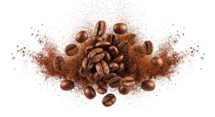 Explosion of coffee beans and powder transparent background cutout png