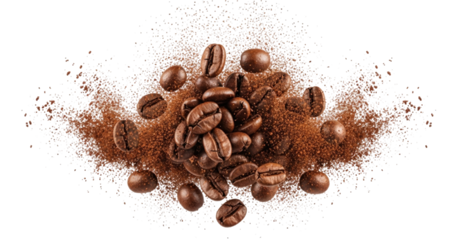 Explosion of coffee beans and powder transparent background cutout png