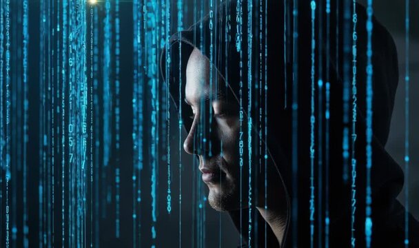 Hooded Person Profile with Matrix-Style Digital Rain