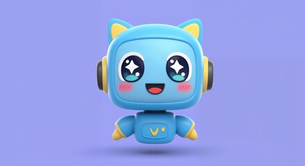 Fototapeta premium Cute Blue Robot: A charming illustration of a friendly blue robot, exuding joy with its expressive eyes and endearing design, perfect for projects needing a touch of playful tech