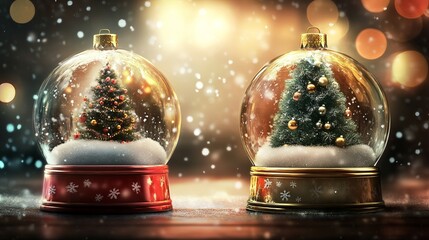 Two enchanting Christmas snow globes showcase miniature festive trees sparkling with ornaments and gentle falling snow, evoking holiday magic and wonder