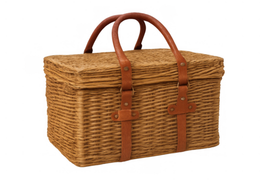 Wicker picnic basket with brown leather straps and handles, ready for outdoor summer events