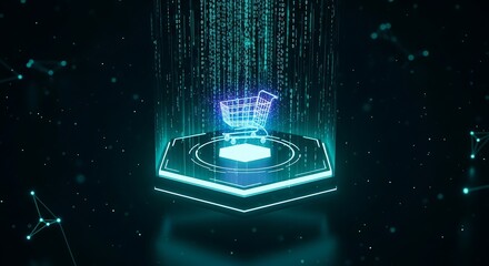 Digital shopping cart on a futuristic glowing platform with binary code streams, representing global e-commerce, online retail, secure data, and technology.