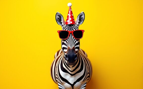 zebra in party hat and sunglasses over yellow background. Generative Ai. High quality