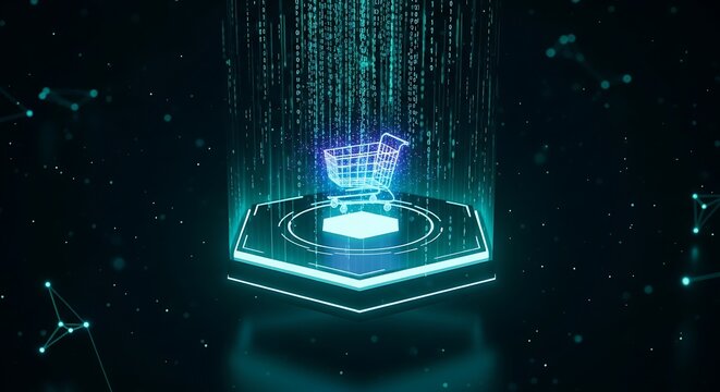 Digital shopping cart on a futuristic glowing platform with binary code streams, representing global e-commerce, online retail, secure data, and technology.