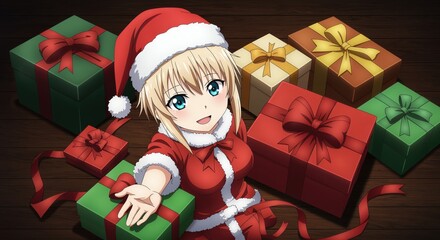 Christmas Cheer: A woman extends a welcoming hand, surrounded by beautifully wrapped gifts, embodying the joy and anticipation of the holiday season.