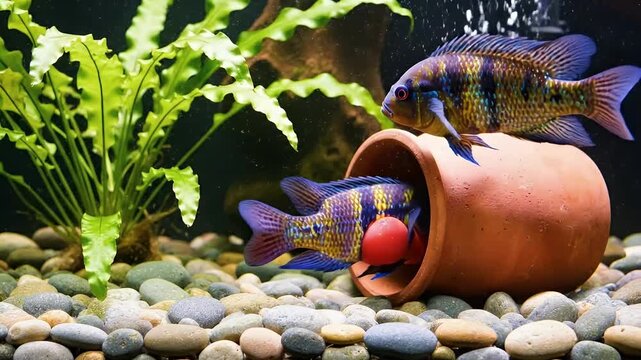 Stunning Electric Blue Jack Dempsey Cichlids Swimming Around a Terracotta Pot, Vibrant Aquarium Scene with Two Jack Dempseys and Lush Green Plants