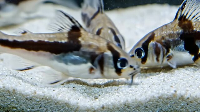 Panda Corydoras Catfish Gathering, A Group of Corydoras Fish on Sandy Substrate