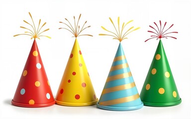 Realistic set of party hats png isolated on transparent background. Vector illustration of red, yellow, green, blue cone caps decorated with dots, stripes and zigzags. Birthday celebration accessory