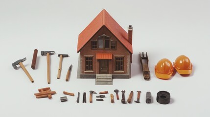 Model house surrounded by tools, on white background, for construction or repair projects