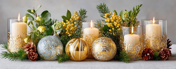 Beautiful festive arrangement with candles, ornaments, and greenery, creating a warm, seasonal atmosphere for celebrations.