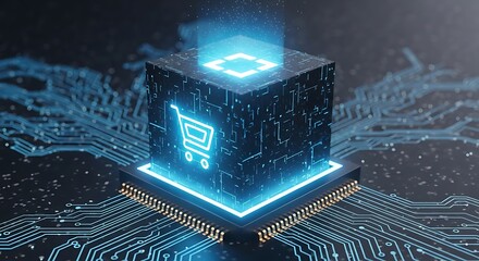 Digital e-commerce shopping cart icon on a glowing blue futuristic circuit board cube, representing online retail technology, data processing and innovation concepts.