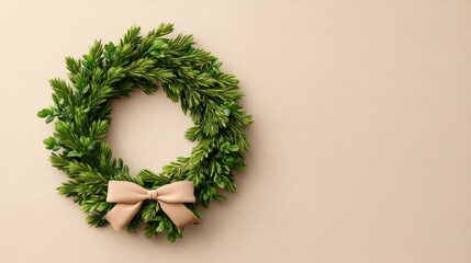 A beautiful green wreath adorned with a delicate bow, perfect for seasonal decorations and festive occasions.