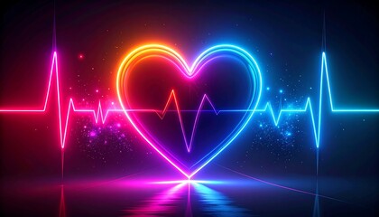 Neon heart with heartbeat waveform, vividly lit in pink, orange, blue, and purple hues against a dark reflective surface