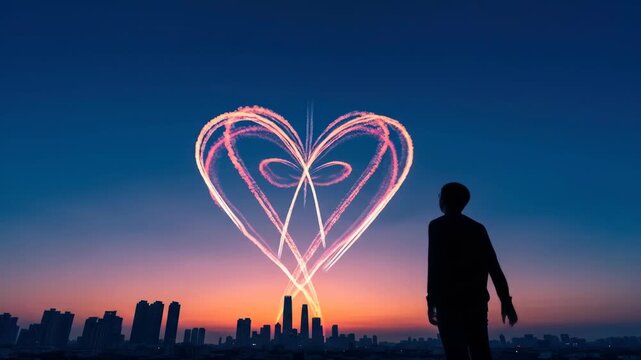 Silhouette of person watching airplane draw heart symbol in sky during sunset, romance concept, love inspiration, cityscape, skywriting, romantic