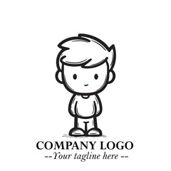 Black and White Chibi Boy Illustration with Jacket and Boots in Bold Thick Line Art Minimal Style