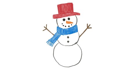 Snowman Drawing – Childlike Winter Illustration. Cute crayon-style snowman drawing with a red hat and blue scarf, resembling a child’s hand-drawn Christmas art. Perfect for holiday cards, invitations