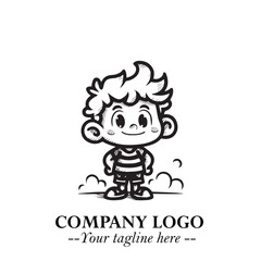 Black and White Chibi Boy Illustration with Jacket and Boots in Bold Thick Line Art Minimal Style