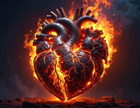 Metallic heart engulfed in flames against a smoky, dark backdrop