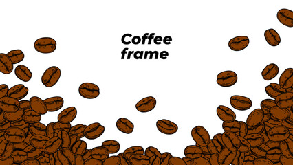 coffee background. Coffee beans in frame, border. Coffee beans isolated on a white background. Coffee Beans Illustration for packaging.