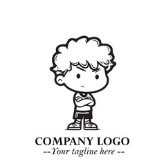 Black and White Chibi Boy Illustration with Jacket and Boots in Bold Thick Line Art Minimal Style