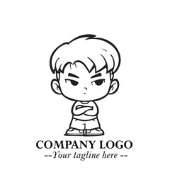 Black and White Chibi Boy Illustration with Jacket and Boots in Bold Thick Line Art Minimal Style